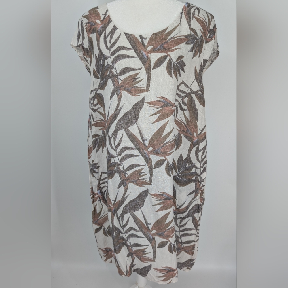 Lungo L'Arno Beige Between Linen Tropical Floral Short Sleeve Dress Plus Size 2X